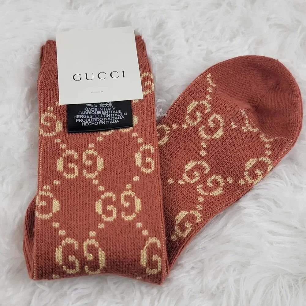Gucci Crew Socks Unisex GG Logo Metallic 100% Authentic Red Beige Luxury New